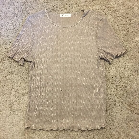 Vintage Retro 90s Tradition Accordion Crepe Champagne Short Sleeve Top - Picture 9 of 13